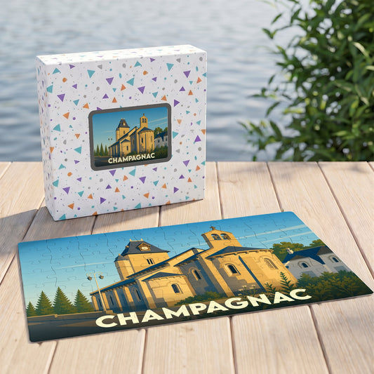 Puzzle souvenir de la ville de Champagnac avec une illustration stylisée d'une église.