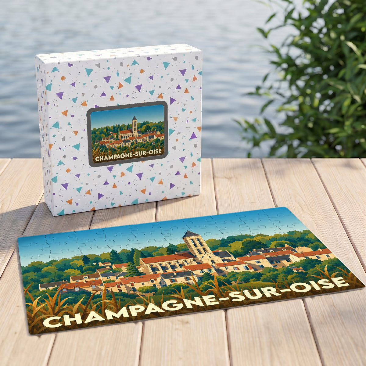 Puzzle souvenir de la ville de Champagne-sur-Oise avec une illustration stylisée.