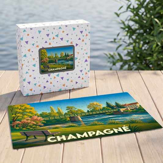 Puzzle souvenir de la ville de Champagné avec une illustration stylisée de son paysage fluvial.