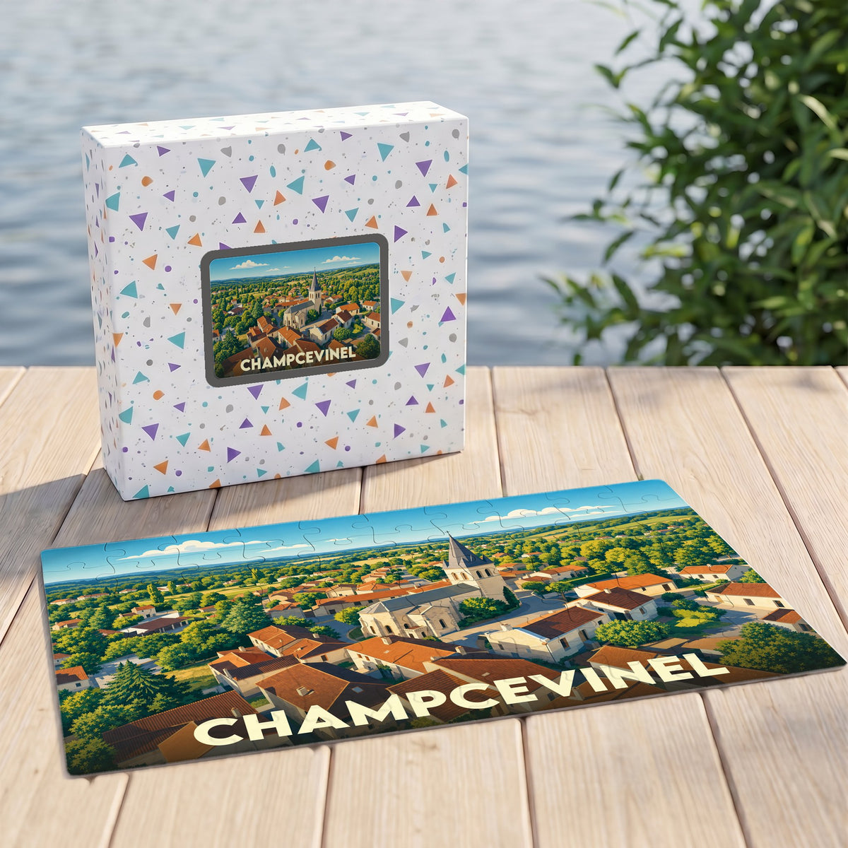Puzzle souvenir de la ville de Champcevinel avec une illustration stylisée.
