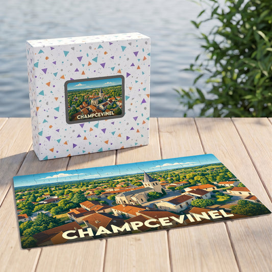 Puzzle souvenir de la ville de Champcevinel avec une illustration stylisée.