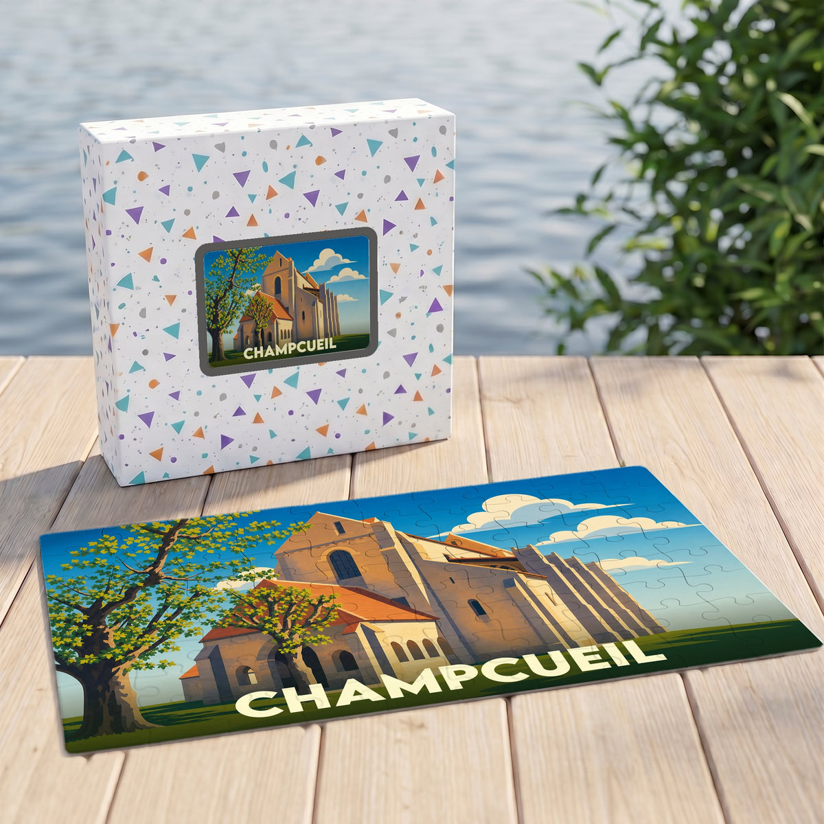 Puzzle souvenir de la ville de Champcueil avec une illustration stylisée d'un bâtiment historique.