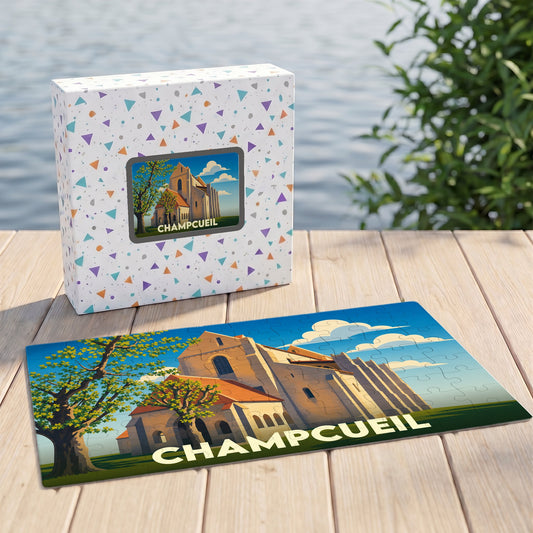 Puzzle souvenir de la ville de Champcueil avec une illustration stylisée d'un bâtiment historique.