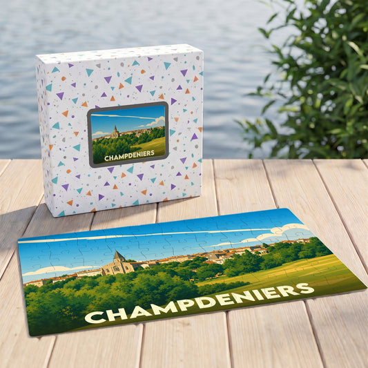 Puzzle souvenir de la ville de Champdeniers avec une illustration stylisée de son paysage urbain.