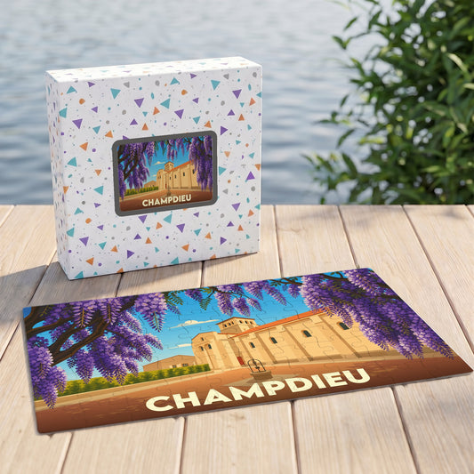 Puzzle souvenir de la ville de Champdieu avec une illustration stylisée et colorée.