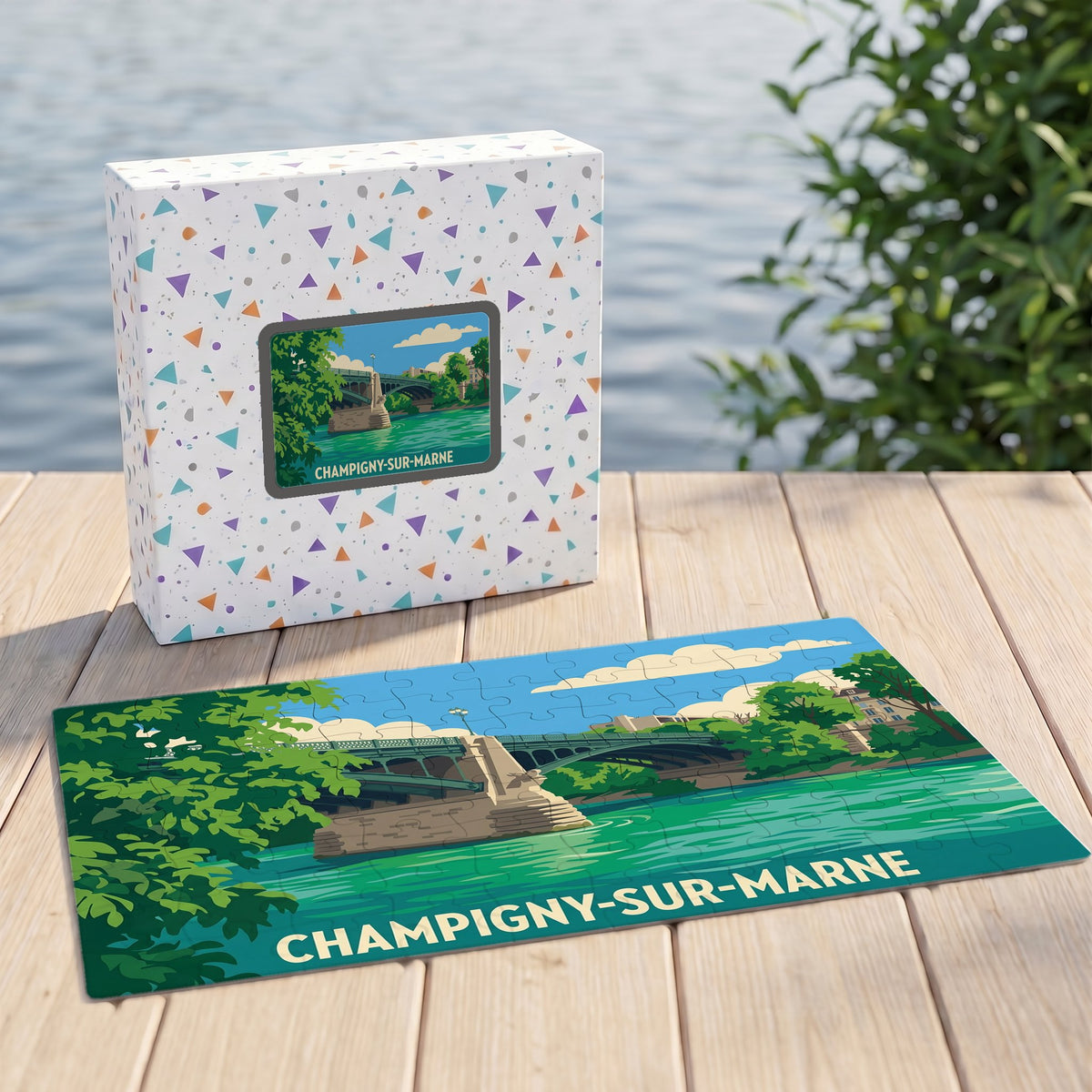 Puzzle souvenir de la ville de Champigny-sur-Marne avec une illustration stylisée d'un pont sur la Marne.