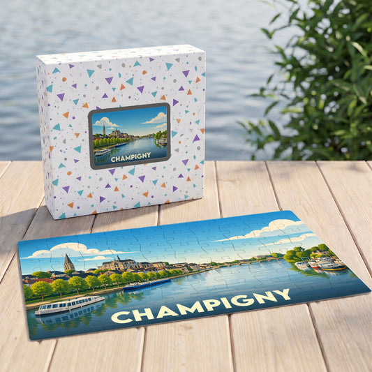 Puzzle souvenir de la ville de Champigny avec une illustration stylisée d'un paysage de bord de rivière.