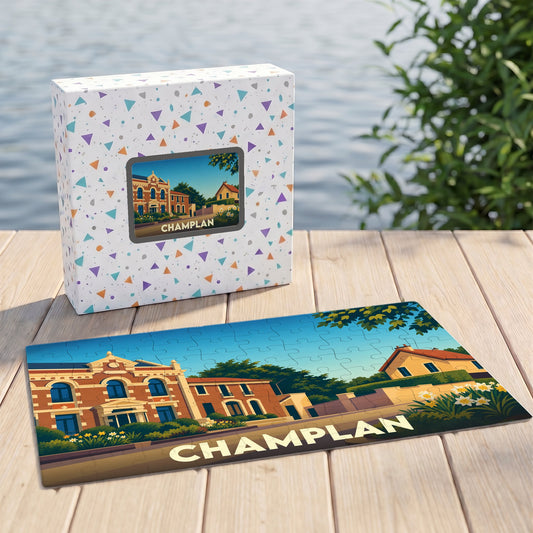 Puzzle souvenir de la ville de Champlan avec une illustration stylisée de ses bâtiments emblématiques.