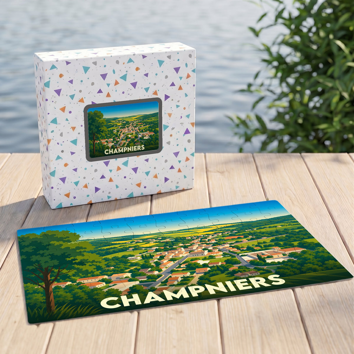 Puzzle souvenir de la ville de Champniers avec une illustration paysagère stylisée.