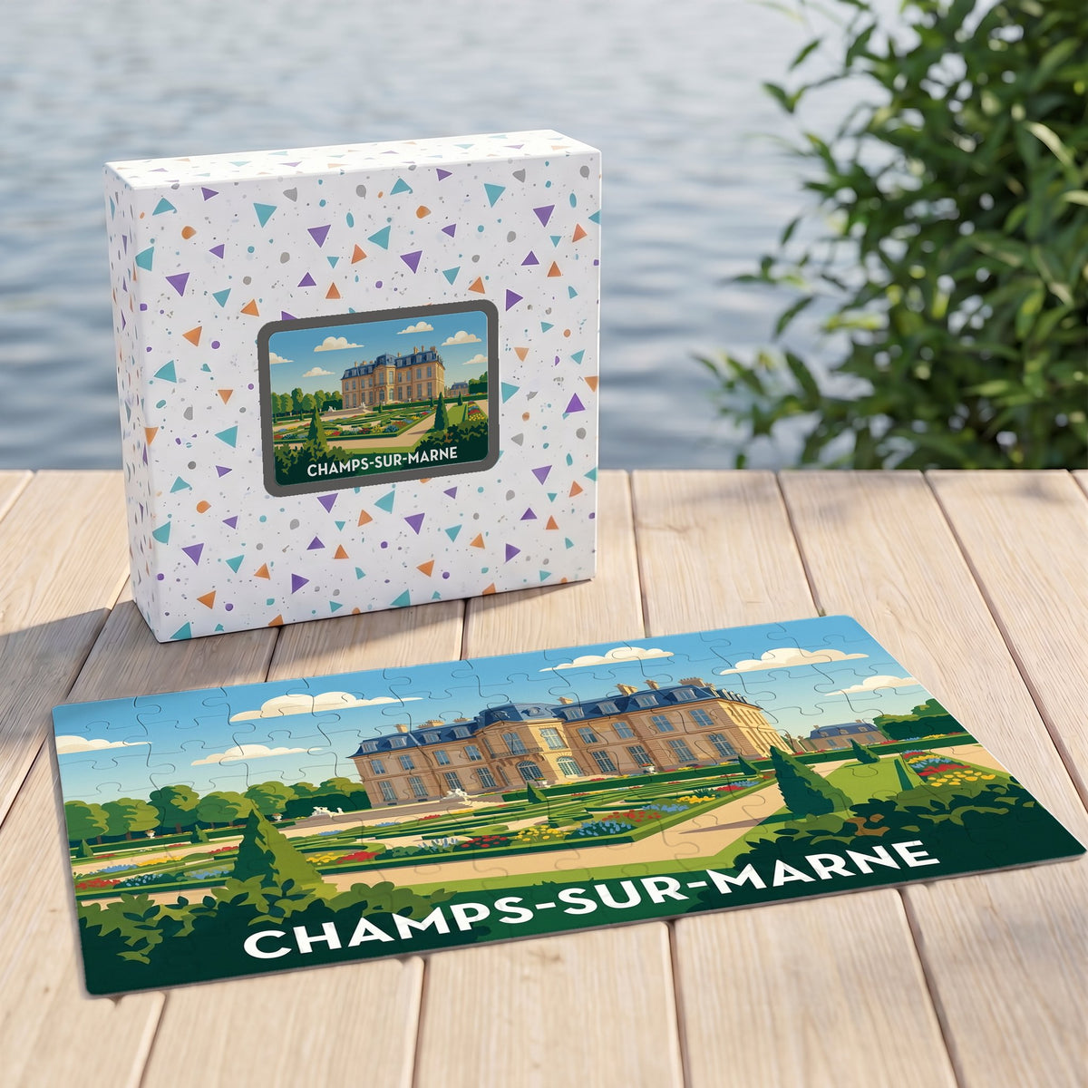 Puzzle souvenir de la ville de Champs-sur-Marne illustrant son château et ses jardins dans un style graphique épuré.