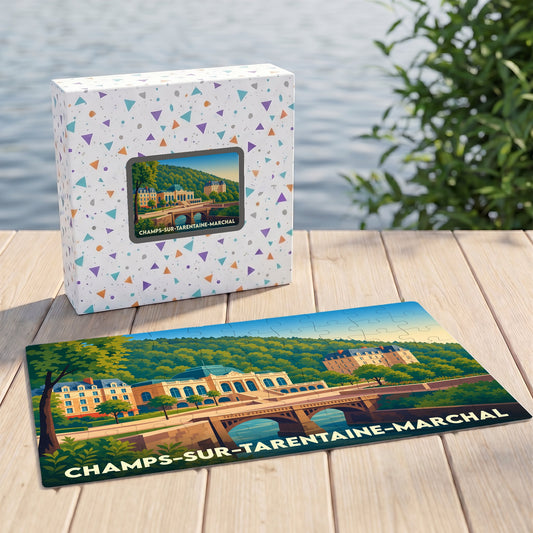 Puzzle souvenir de la ville de Champs-sur-Tarentaine-Marchal avec une illustration stylisée et colorée.