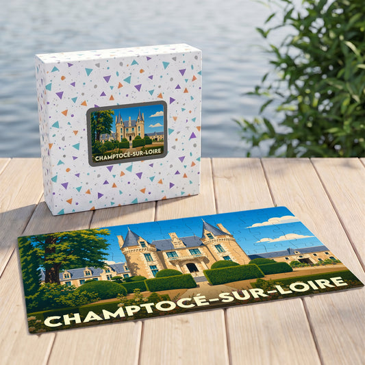 Puzzle souvenir de la ville de Champtocé-sur-Loire représentant son château avec une illustration stylisée.