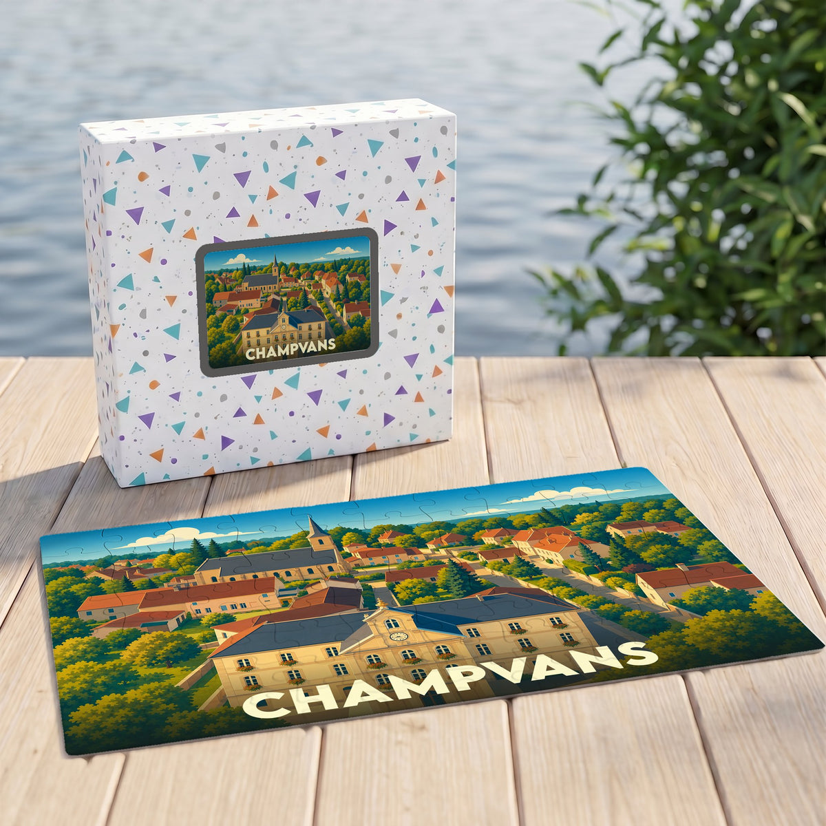 Puzzle souvenir de la ville de Champvans présentant une illustration colorée et stylisée du village.