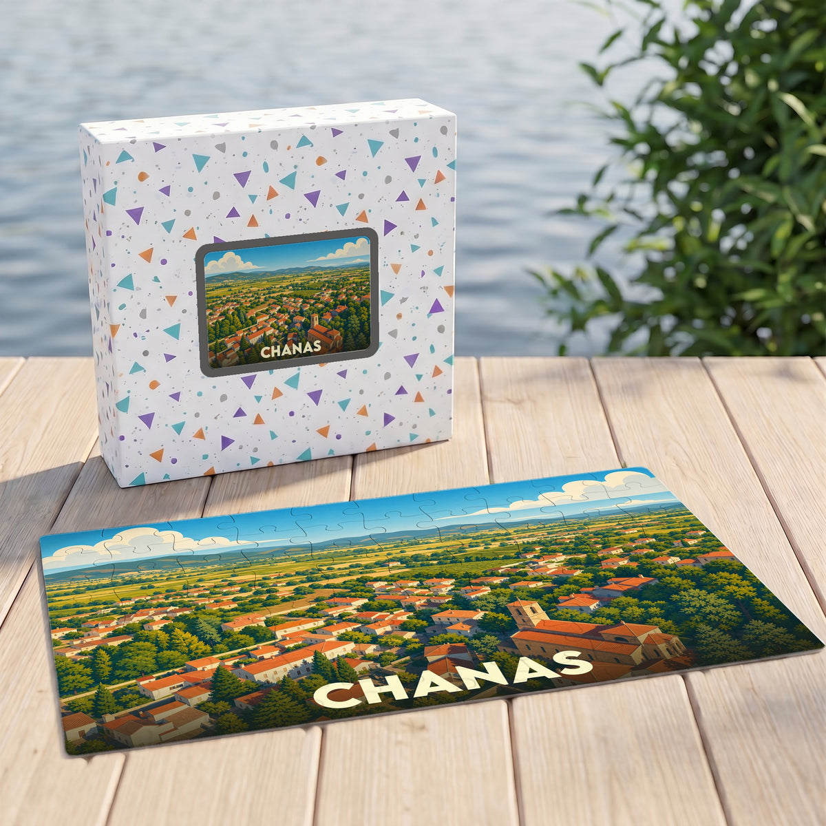Puzzle souvenir de la ville de Chanas illustrant une vue aérienne stylisée du village et de ses environs.