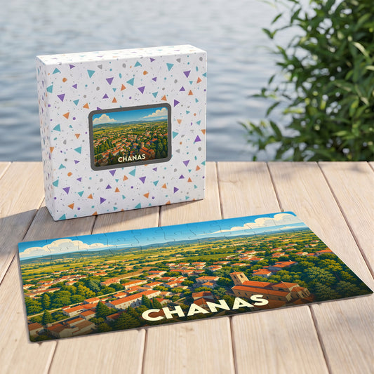 Puzzle souvenir de la ville de Chanas illustrant une vue aérienne stylisée du village et de ses environs.