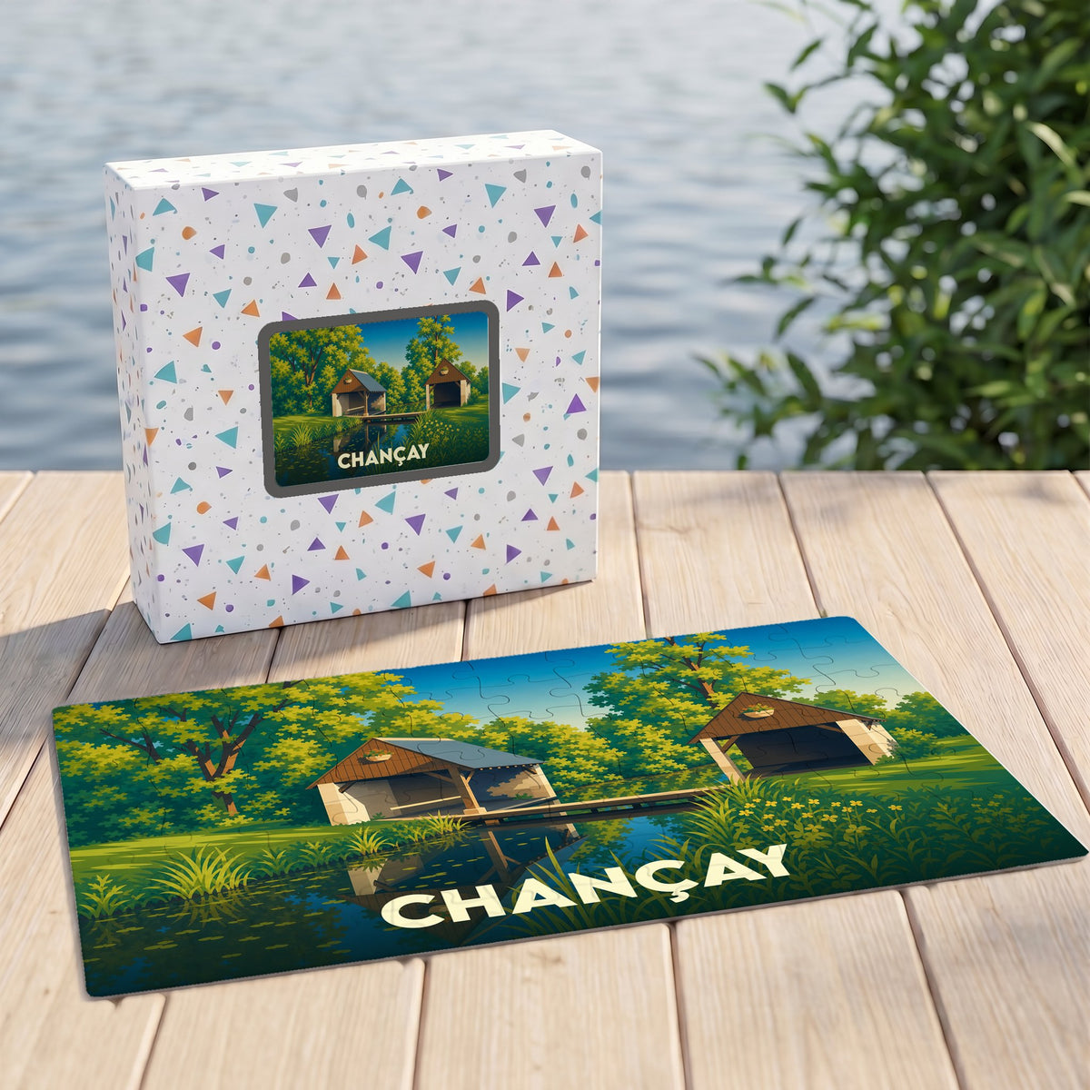 Puzzle souvenir de la ville de Chançay avec une illustration stylisée d'un paysage naturel.