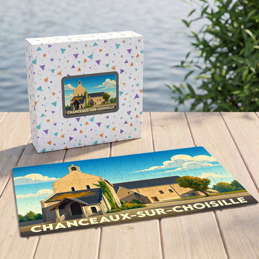 Puzzle souvenir de la ville de Chanceaux-sur-Choisille avec une illustration stylisée d'une église.