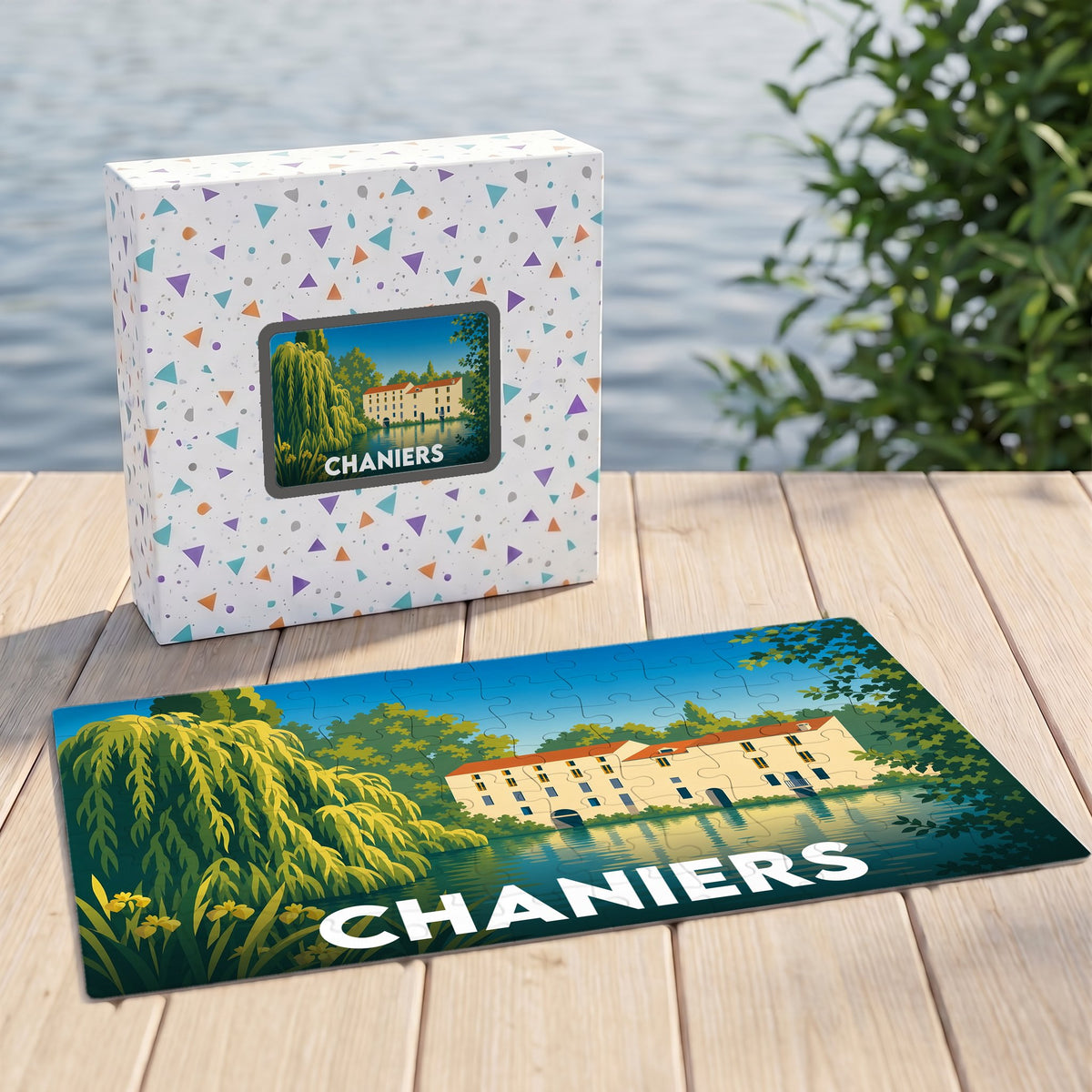 Puzzle souvenir de la ville de Chaniers avec une illustration stylisée d'un bâtiment au bord de l'eau.