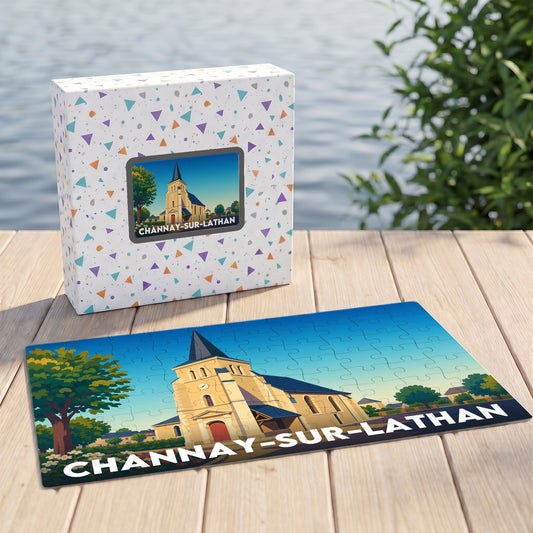 Puzzle souvenir de la ville de Channay-sur-Lathan avec une illustration stylisée de son église.