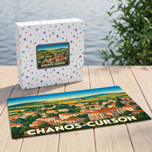 Puzzle souvenir de la ville de Chanos-Curson avec une illustration paysagère colorée et stylisée.