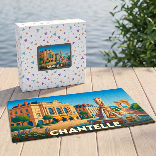 Puzzle souvenir de la ville de Chantelle avec une illustration stylisée de sa place principale.