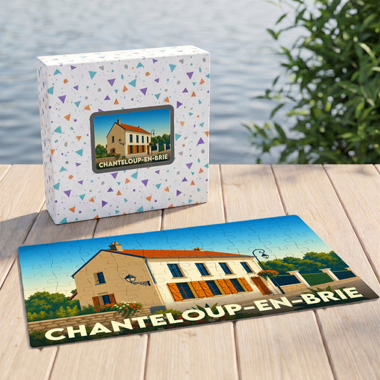 Puzzle souvenir de la ville de Chanteloup-en-Brie avec une illustration stylisée d'une maison briarde.