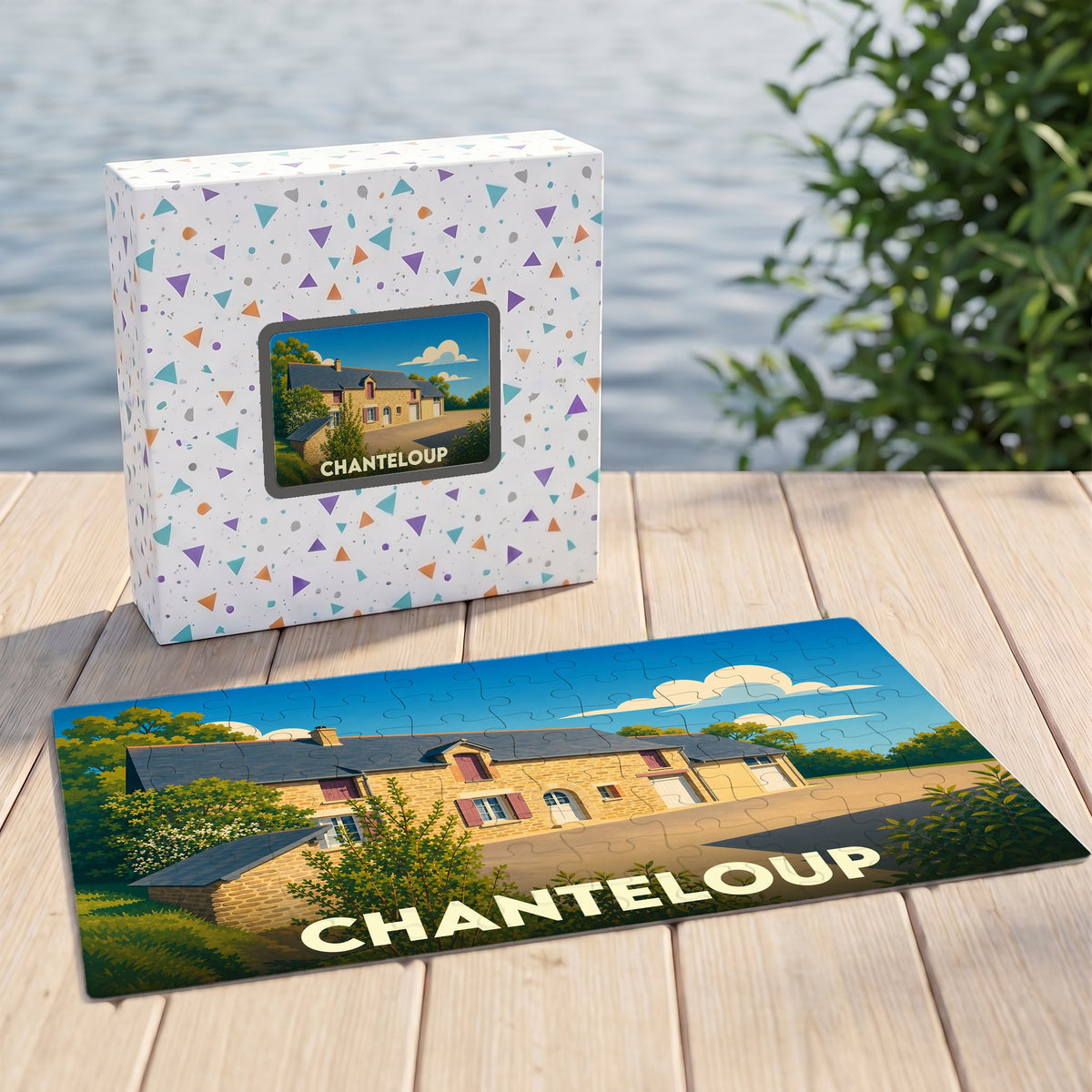 Puzzle souvenir de la ville de Chanteloup avec une illustration stylisée d'un bâtiment traditionnel.