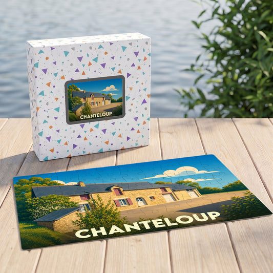 Puzzle souvenir de la ville de Chanteloup avec une illustration stylisée d'un bâtiment traditionnel.