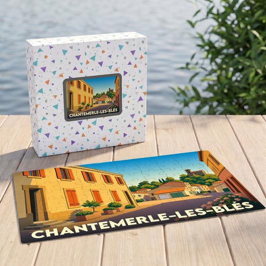 Puzzle souvenir de la ville de Chantemerle-les-Blés avec une illustration stylisée d'une rue ensoleillée.