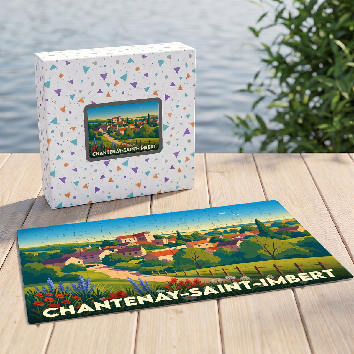 Puzzle souvenir de la ville de Chantenay-Saint-Imbert avec une illustration stylisée de son paysage champêtre.
