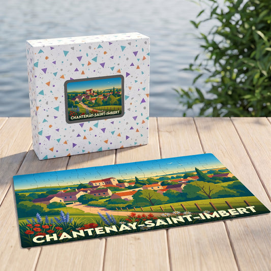 Puzzle souvenir de la ville de Chantenay-Saint-Imbert avec une illustration stylisée de son paysage champêtre.
