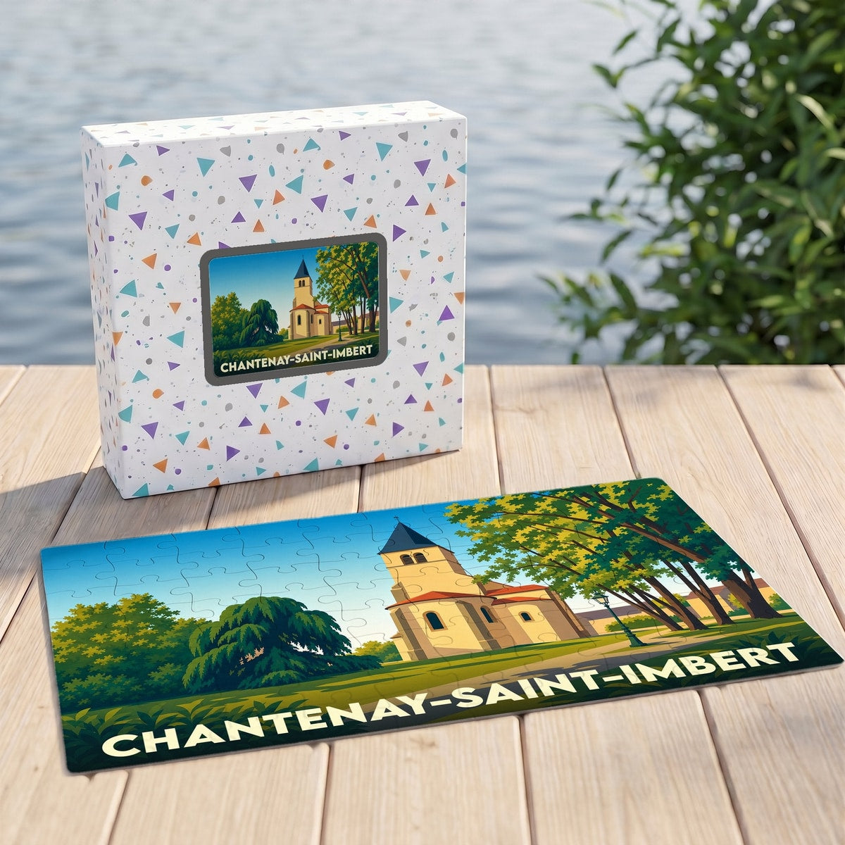 Puzzle souvenir de la ville de Chantenay-Saint-Imbert avec une illustration stylisée d'une église et de son parc.