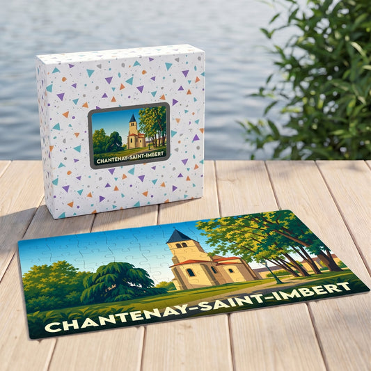Puzzle souvenir de la ville de Chantenay-Saint-Imbert avec une illustration stylisée d'une église et de son parc.
