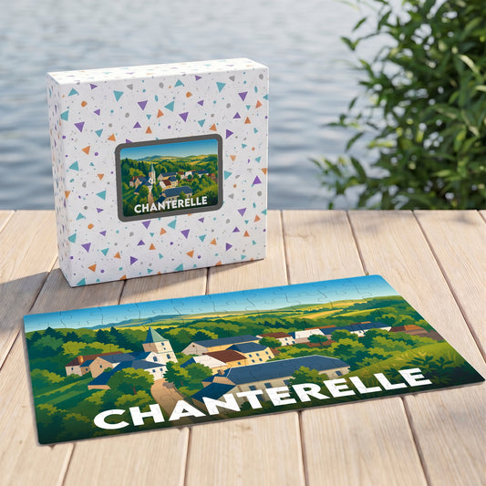 Puzzle souvenir de la ville de Chanterelle avec une illustration stylisée de son paysage urbain.