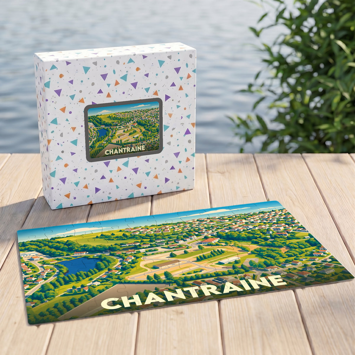 Puzzle souvenir de la ville de Chantraine avec une illustration panoramique stylisée.