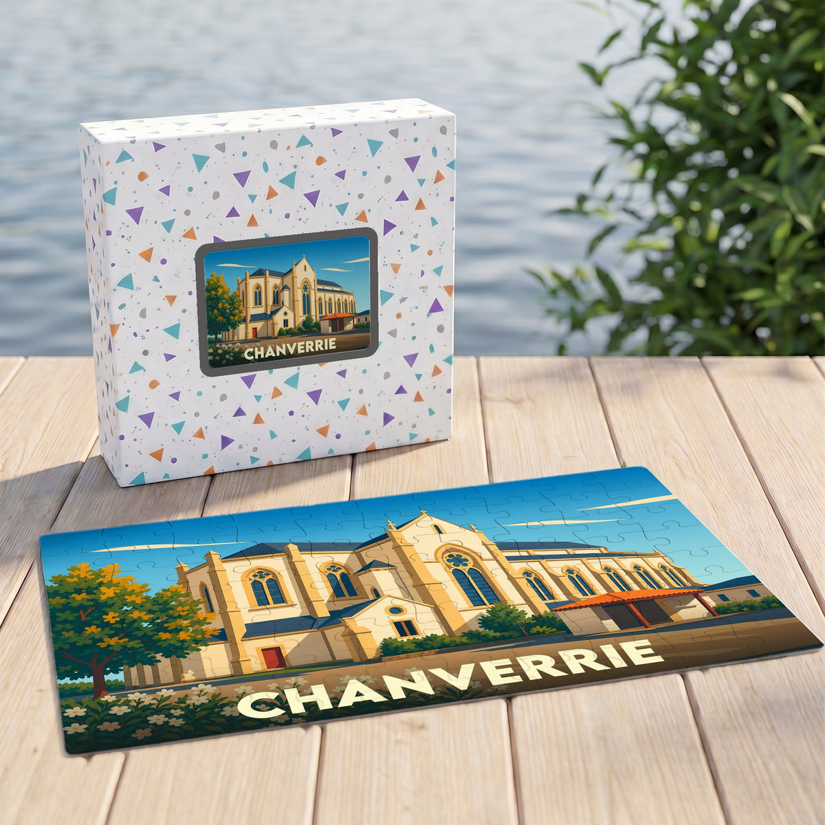 Puzzle souvenir de la ville de Chanverrie avec une illustration stylisée d'une église.