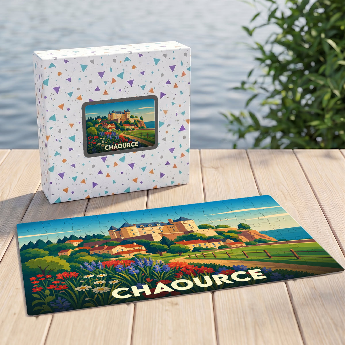 Puzzle souvenir de la ville de Chaource avec une illustration stylisée d'un paysage local.