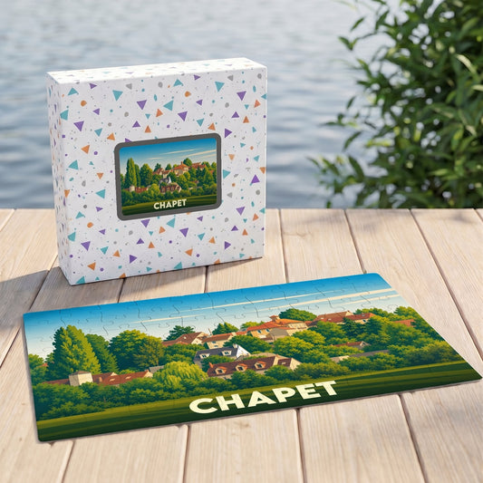 Puzzle souvenir de la ville de Chapet avec une illustration stylisée de son paysage urbain verdoyant.