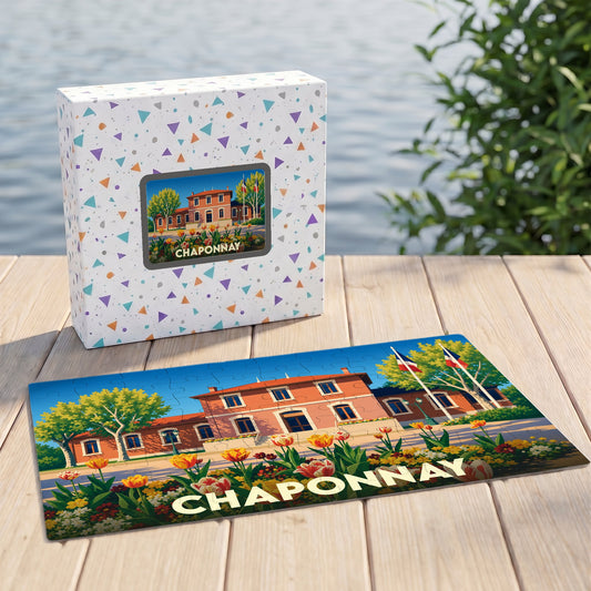 Puzzle souvenir de la ville de Chaponnay illustré d'un bâtiment historique et de fleurs colorées.