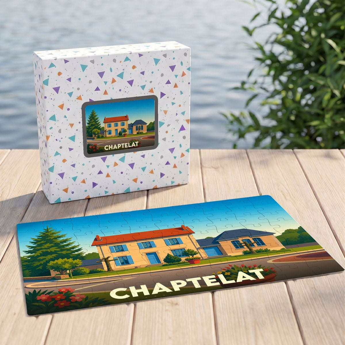 Puzzle souvenir de la ville de Chaptelat illustré d'une maison de campagne colorée.