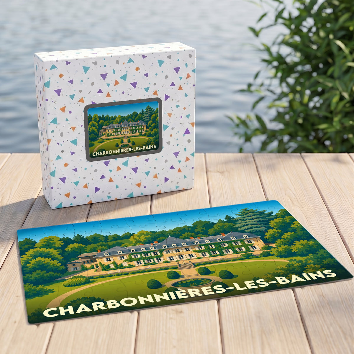 Puzzle souvenir de la ville de Charbonnières-les-Bains avec une illustration stylisée d'un domaine arboré.