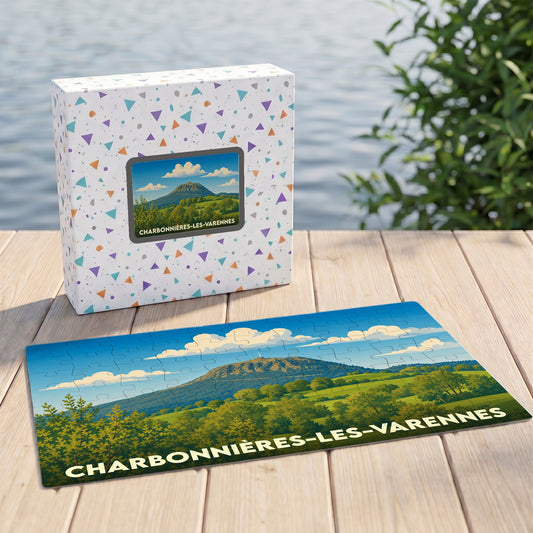 Puzzle souvenir de la ville de Charbonnières-les-Varennes avec une illustration de paysage vallonné.