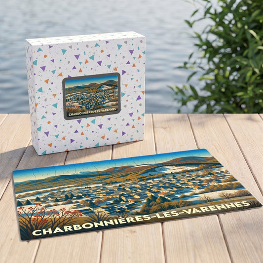 Puzzle souvenir de la ville de Charbonnières-les-Varennes avec une illustration stylisée et colorée de son paysage urbain et montagneux.