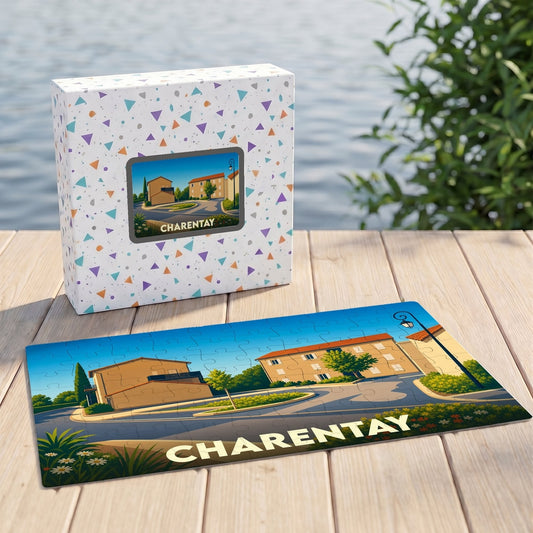 Puzzle souvenir de la ville de Charentay avec une illustration stylisée et colorée.