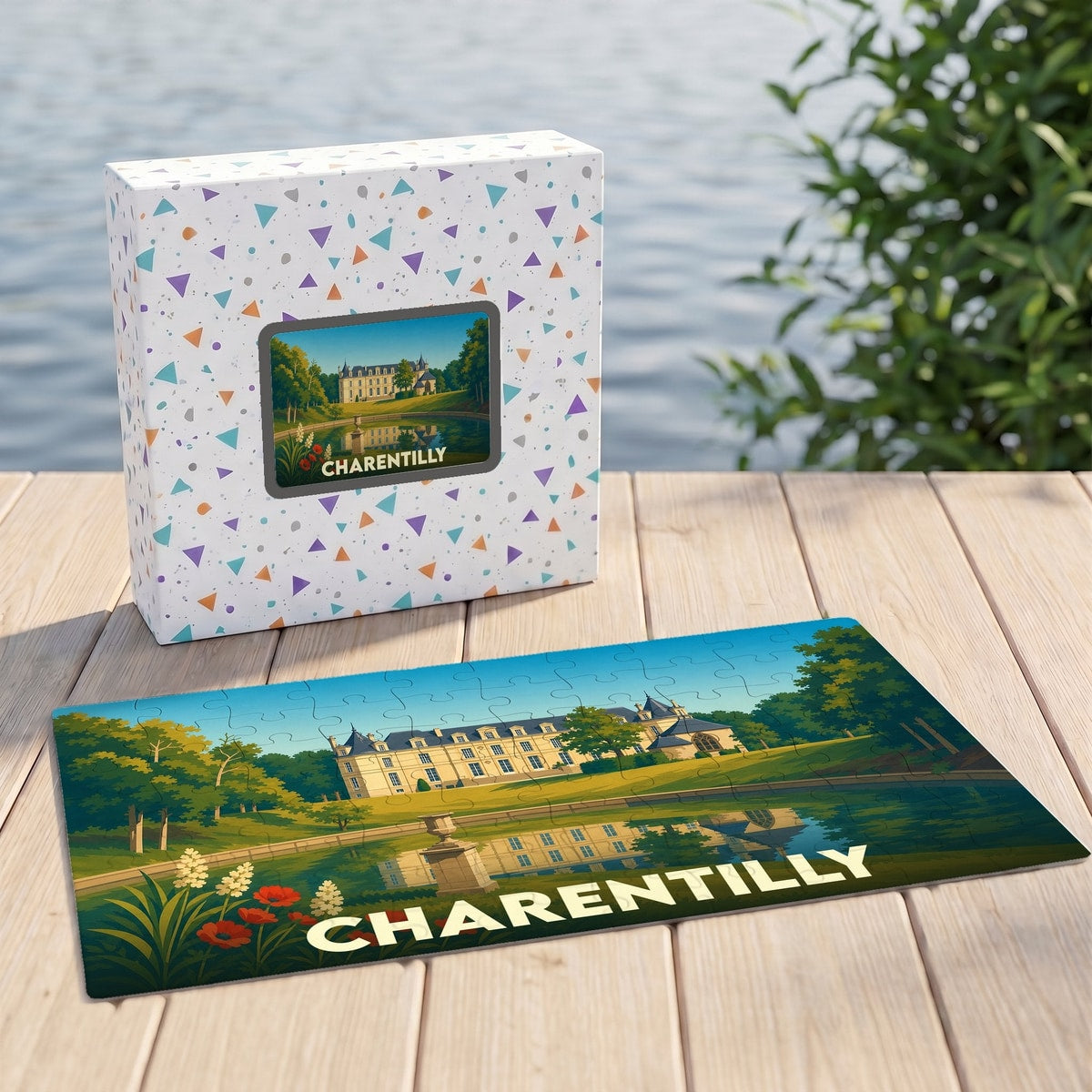 Puzzle souvenir de la ville de Charentilly avec une illustration stylisée.