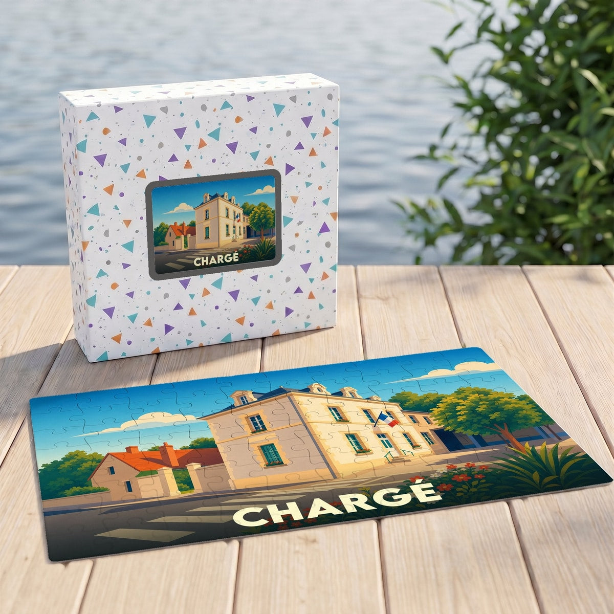 Puzzle souvenir de la ville de Chargé avec une illustration stylisée d'un bâtiment municipal.