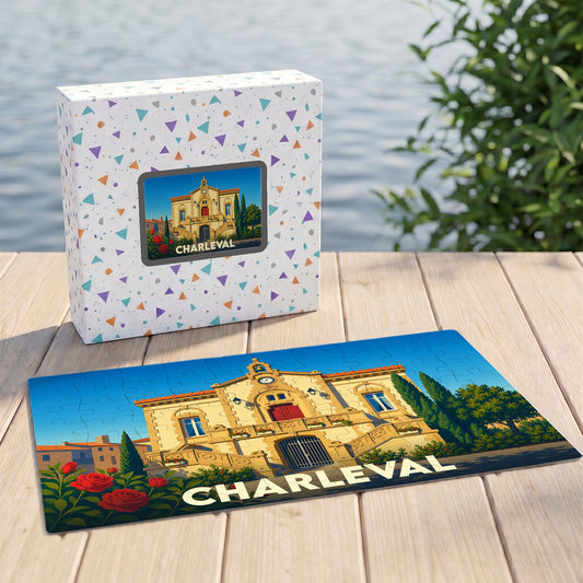 Puzzle souvenir de la ville de Charleval avec une illustration colorée de son architecture.