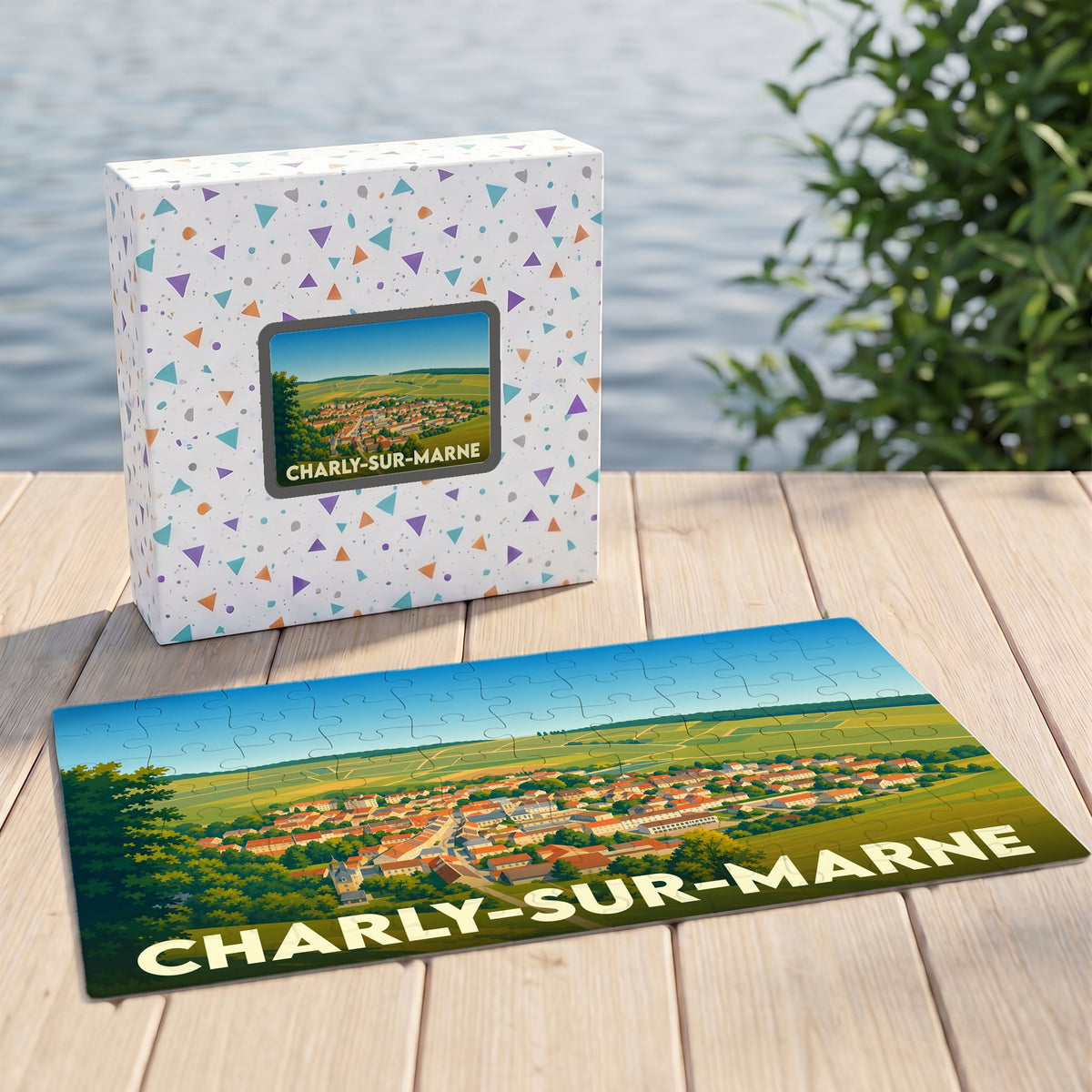 Puzzle souvenir de la ville de Charly-sur-Marne avec une illustration panoramique stylisée.