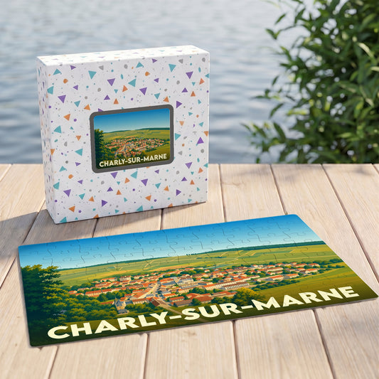 Puzzle souvenir de la ville de Charly-sur-Marne avec une illustration panoramique stylisée.