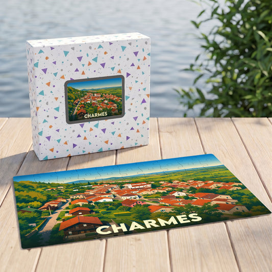 Puzzle souvenir de la ville de Charmes avec une illustration panoramique stylisée.